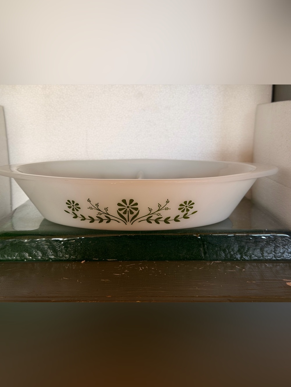 Vintage Glasbake Green Flowers Pattern Divided Casserole Dish 12"x8.5 large